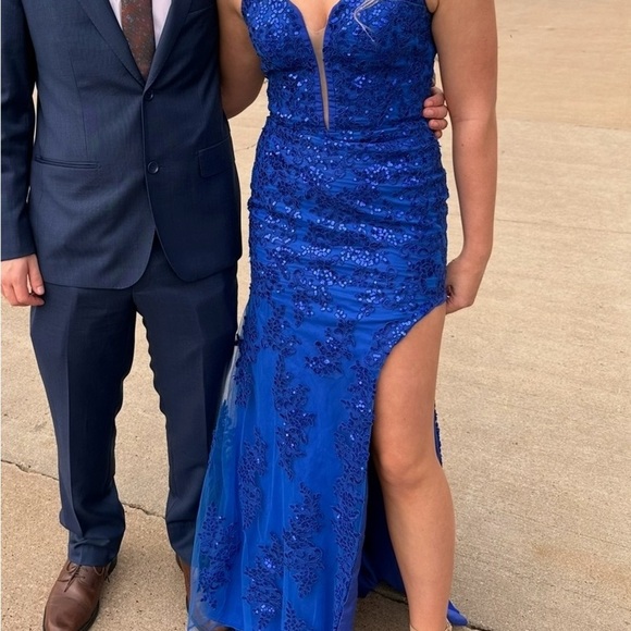 Hebeos Blue Sequined Spaghetti Strap Sweetheart Prom Gown Side Slit Size 2 - Picture 13 of 16